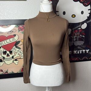 Brown Ribbed Mock Neck Top